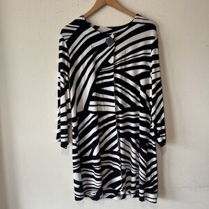 Chico's Travelers Black White Stripe Open Button Front Tunic Cardigan Blue 3/XL